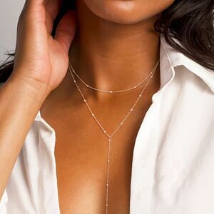 Silver Beaded Double Layer Y-Drop Necklace Chain Feminine Dainty Station Adjstbl